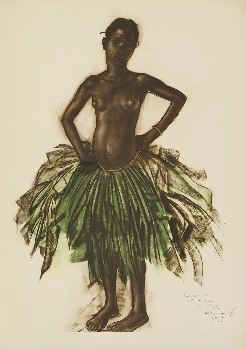 A vibrant depiction of a dancer in traditional attire by Alexandre Jacovleff.