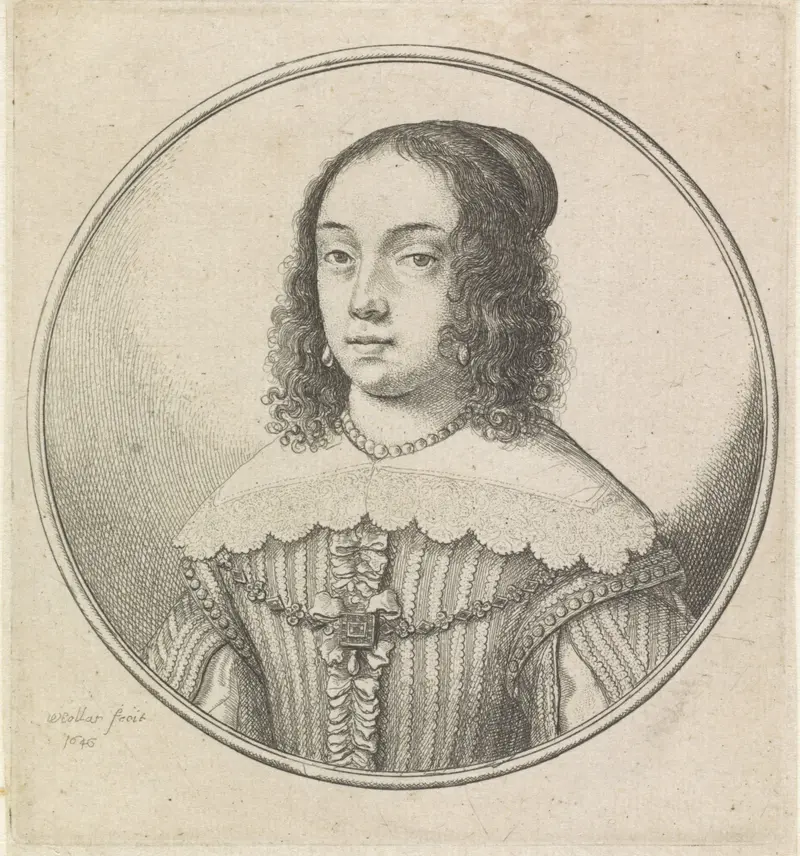 Portrait of a woman with a lace collar and pearl necklace, etching by Wenceslaus Hollar