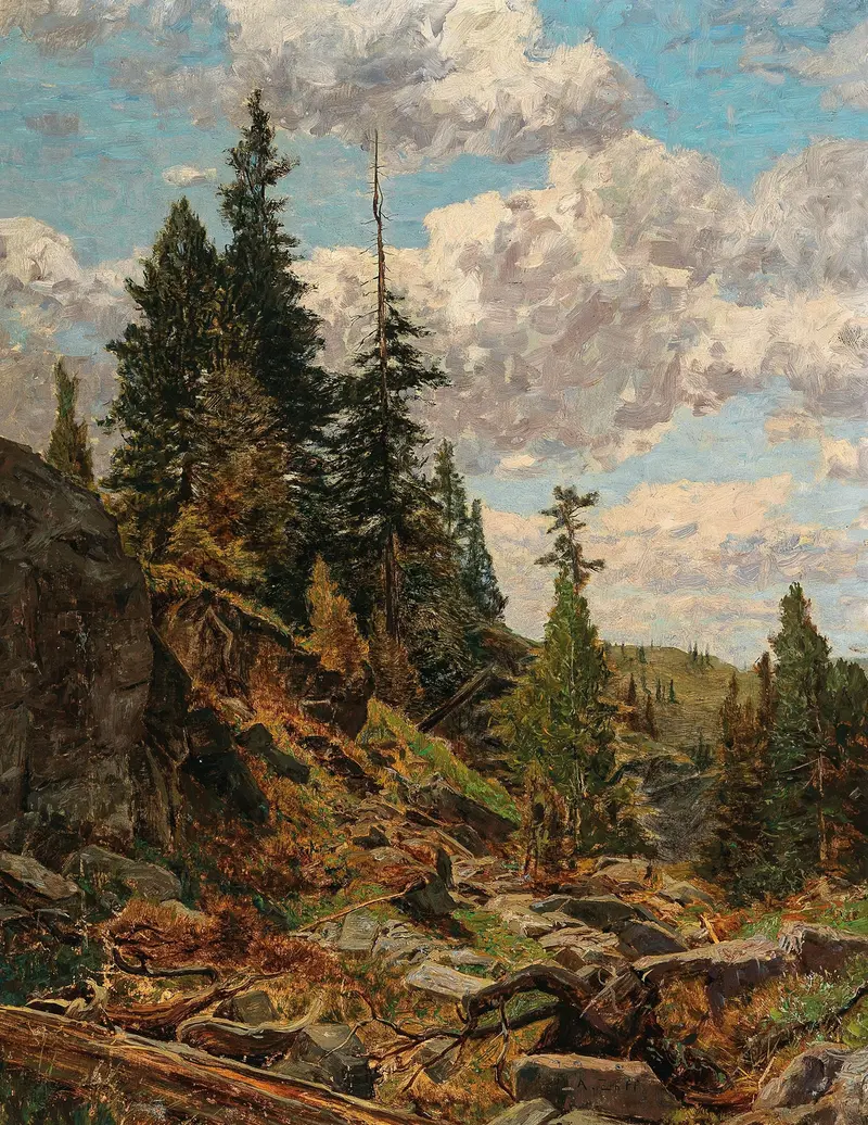 Landscape oil painting by Alfred Zoff featuring mountains and a tranquil lake
