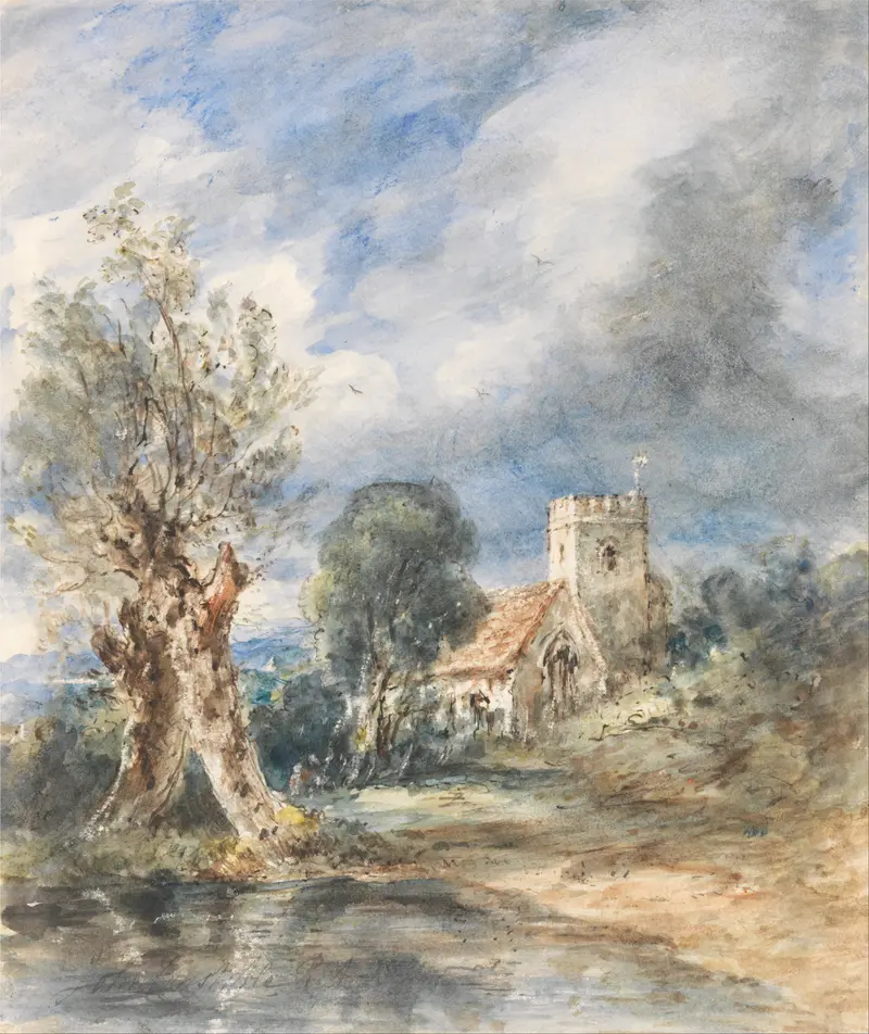Stoke Poges Church, oil on canvas by John Constable, depicts a church surrounded by nature and soft light.