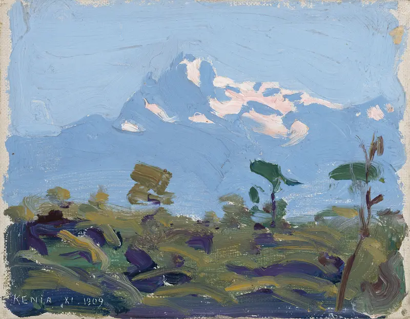 Mount Kenya by Akseli Gallen-Kallela, oil on canvas depicting misty mountains and sky.