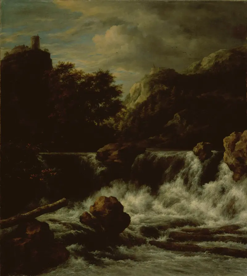 Mountainous landscape with waterfall, oil on canvas by Jacob Isaacksz van Ruisdael