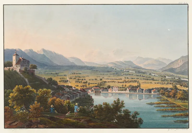 Landscape featuring a castle and valley by Johann Ludwig Bleuler, medium unknown.
