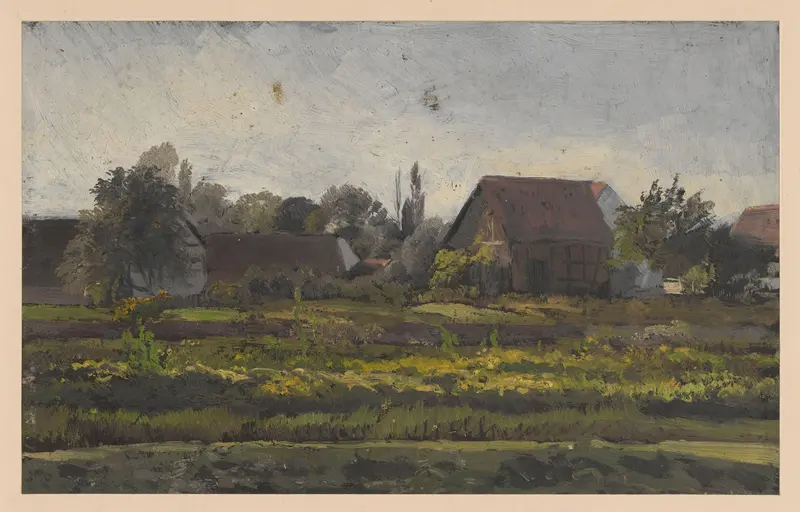 Rural buildings in Jelcz by Adolf Dressler, depicting a serene landscape with quaint structures and soft light.