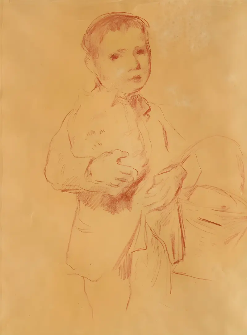 A young boy carries a basket in this charming painting by Albert Anker.