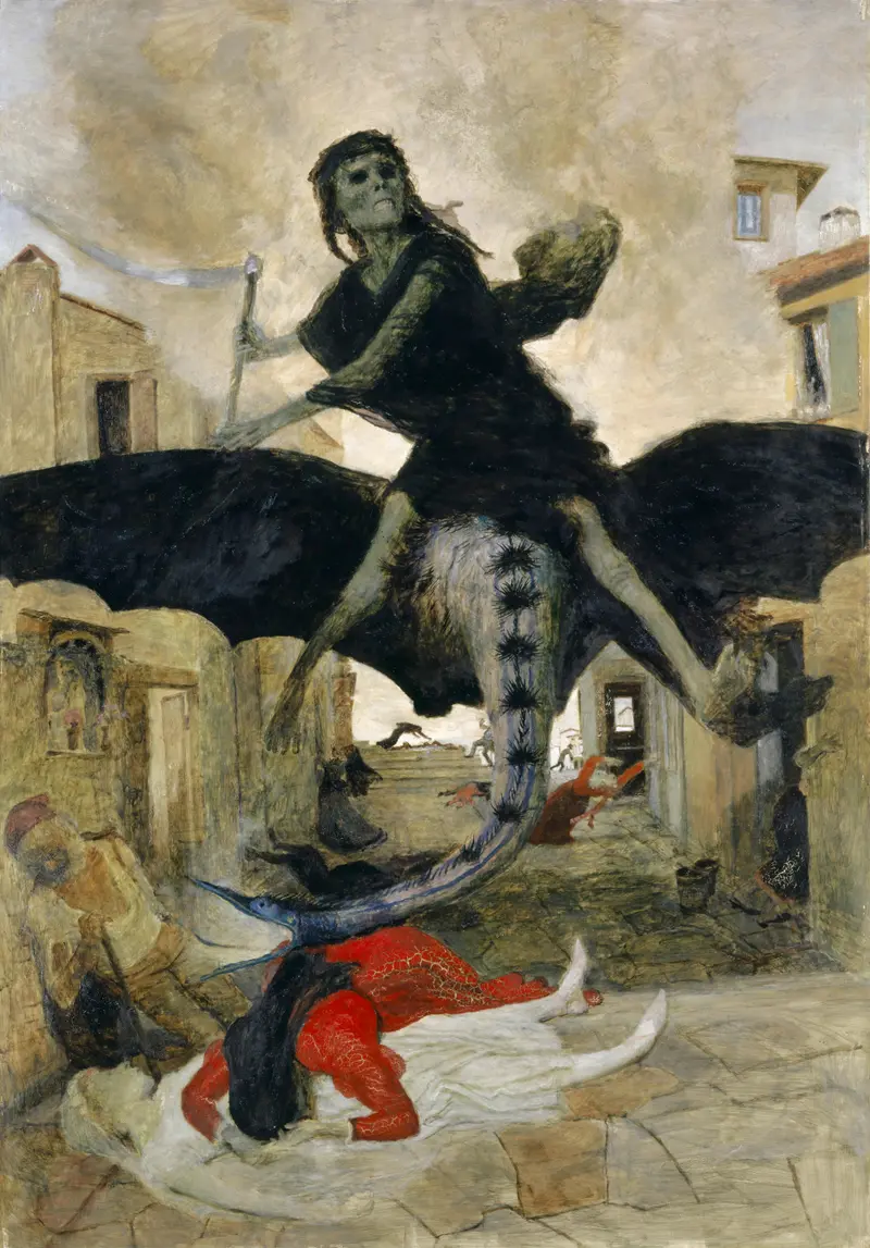 A skeletal rider on a monstrous creature looms over a chaotic street filled with lifeless bodies and desperate survivors.