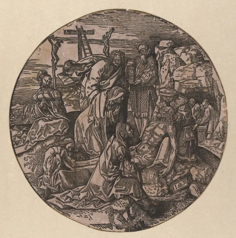 Oil on panel by Jacob Cornelisz van Oostsanen depicting Christ's funeral with mourners.