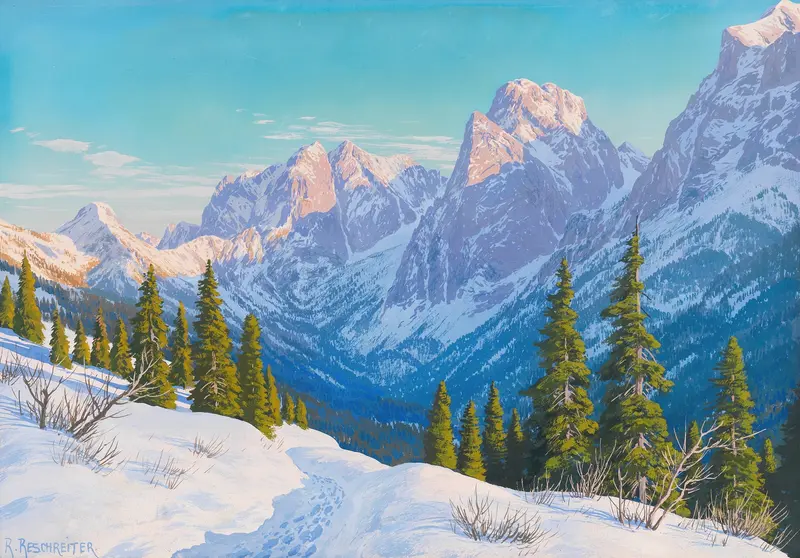 Blick auf das Kaisertal by Rudolf Reschreiter, oil on canvas depicting mountains and a serene sky.