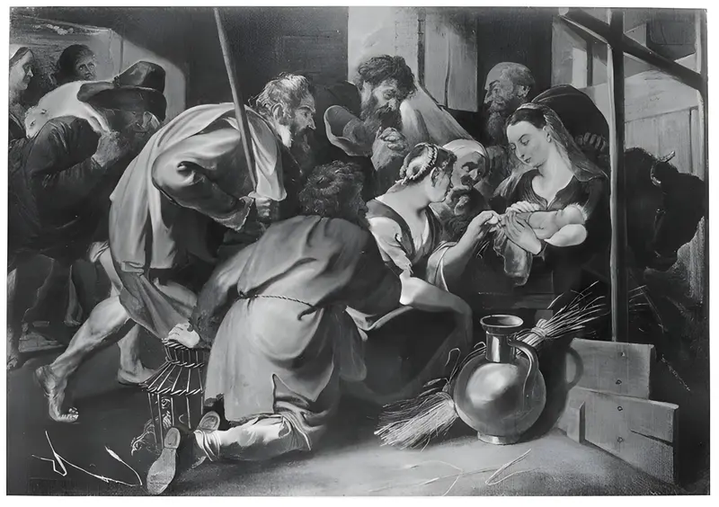 The Adoration of the Shepherds by Anthony van Dyck depicts shepherds marveling at the newborn Christ in a stable.