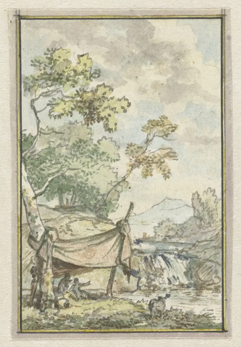 Landschap met waterval by Jurriaan Andriessen, oil painting depicting a waterfall and lush greenery.