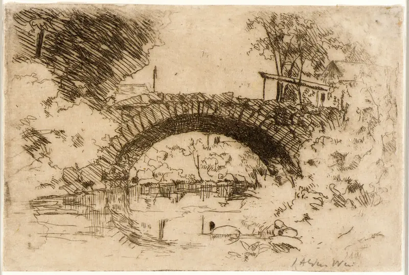 The Stone Bridge by Julian Alden Weir, oil painting depicting a bridge, foliage, and river.