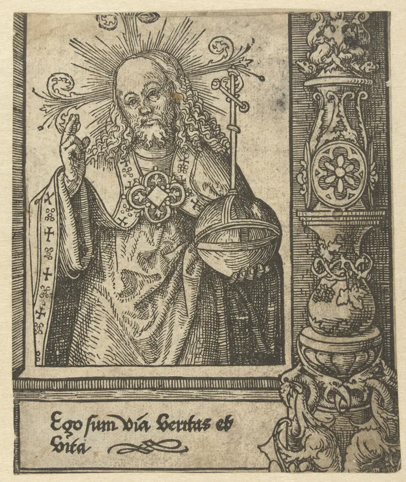 Christus als Salvator Mundi by Jacob Cornelisz van Oostsanen, paper medium, depicting Christ with a cloak and light.