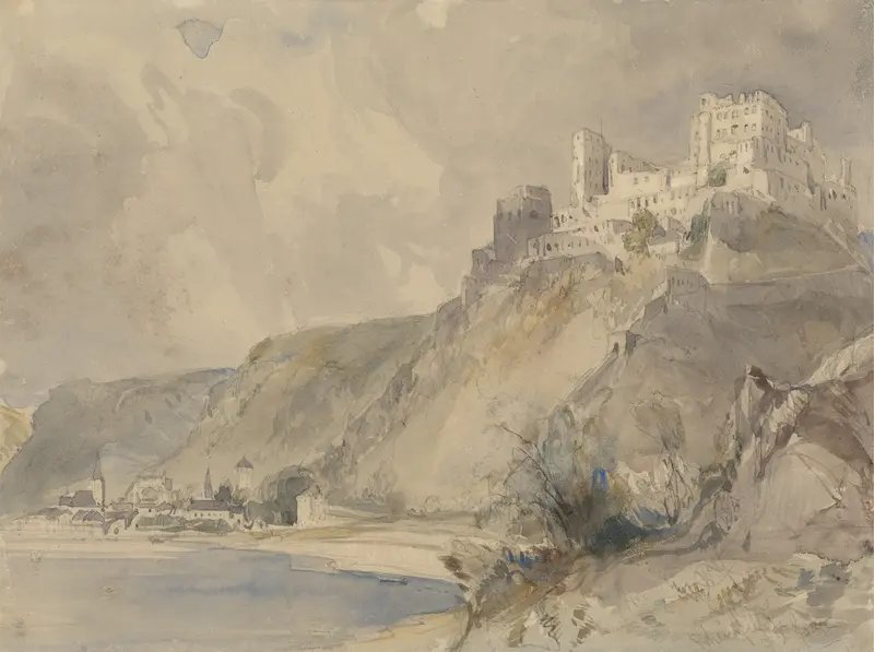 Watercolour by William Callow depicting Rheinfels Castle and the Rhine landscape.