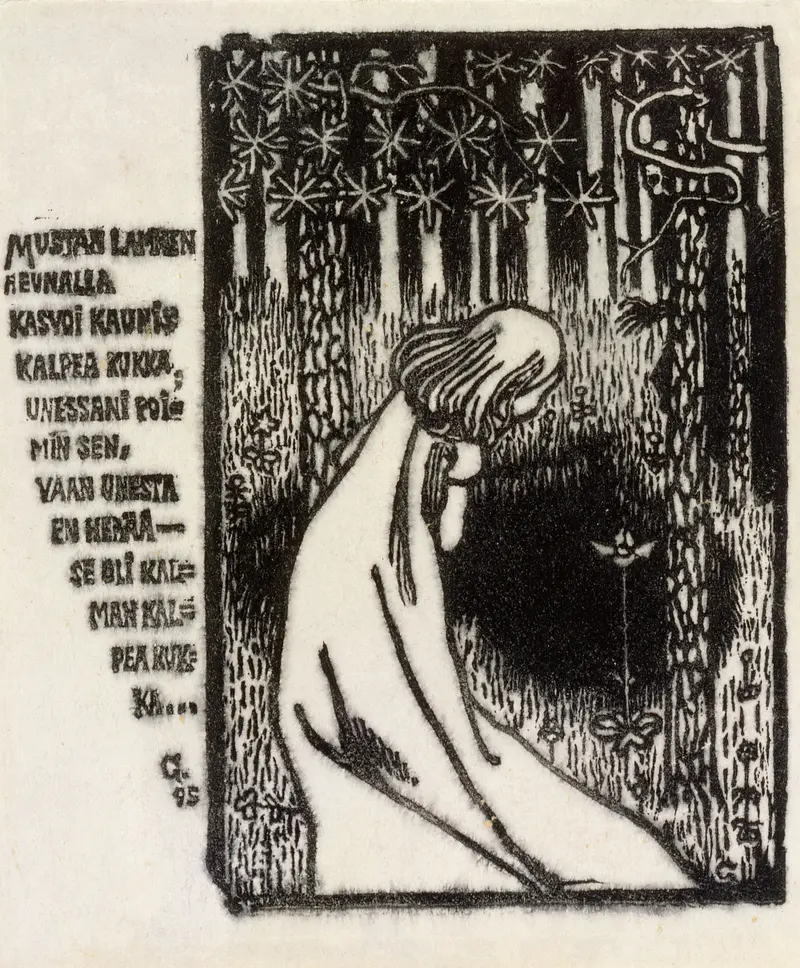 A solitary figure kneels in a pale shroud before a ghostly flower, surrounded by trees with star-shaped blooms.