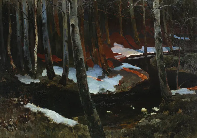 Forest rivulet by Ferdynand Ruszczyc, depicting a tranquil river flowing through a lush forest, oil painting.