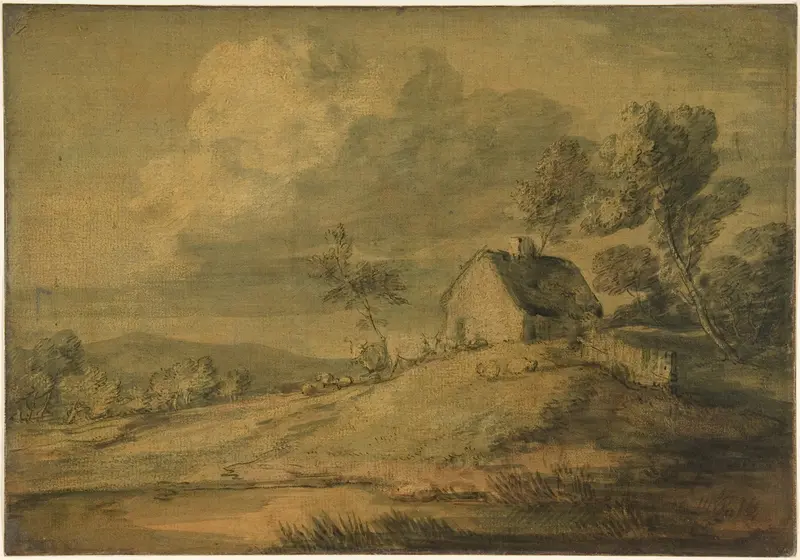 Wooded landscape with cottage, cows, and sheep by Thomas Gainsborough, oil painting