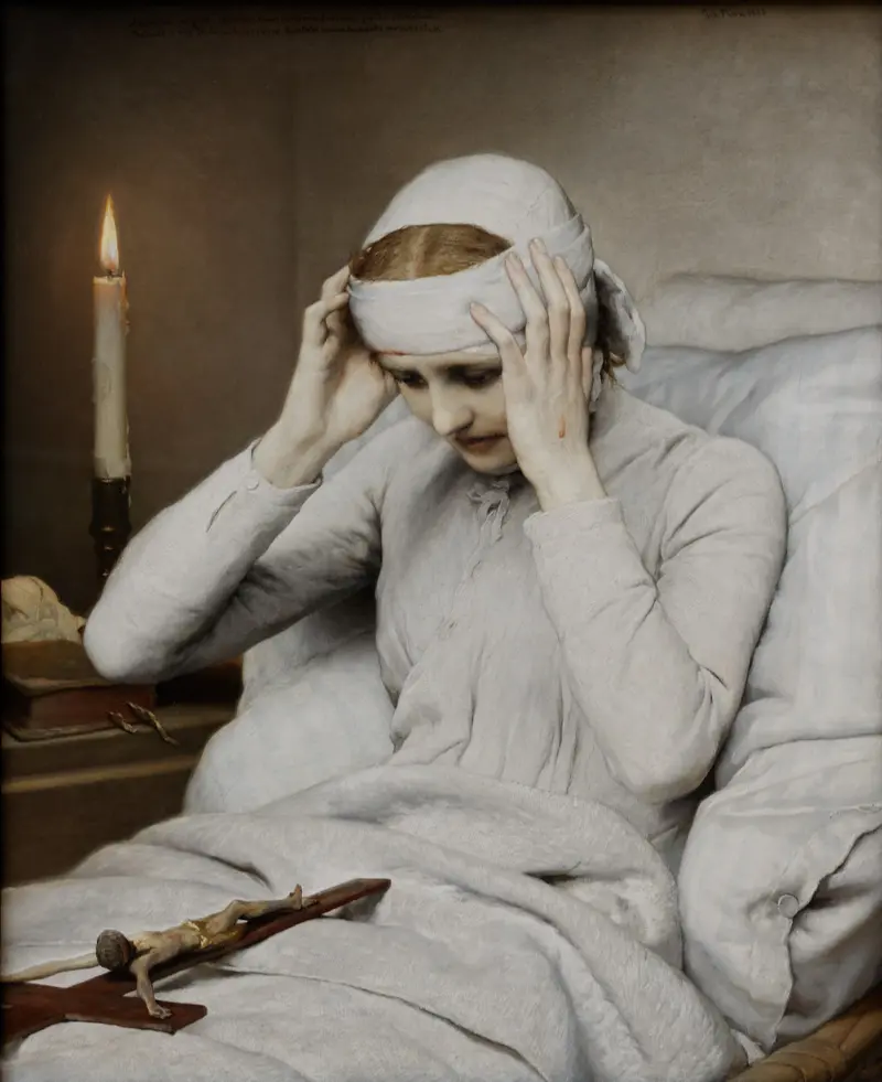 A woman with pale hands clutches her head beside a crucifix, with a candle illuminating her downcast gaze and a trace of blood on her forehead.