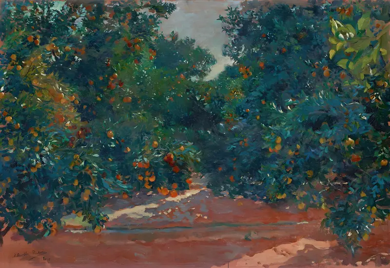 A dense grove of orange trees with bright fruit and a reddish-brown path running through the center beneath a muted blue-grey sky.