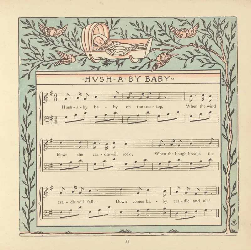 Walter Crane's 'Hush-a-by Baby' depicts a serene nursery scene with a mother and child.