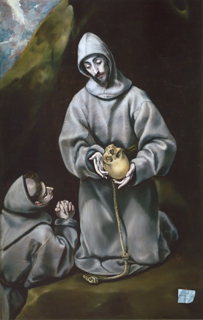 Saint Francis of Assisi and Brother Leo meditate on death, contemplating a skull.