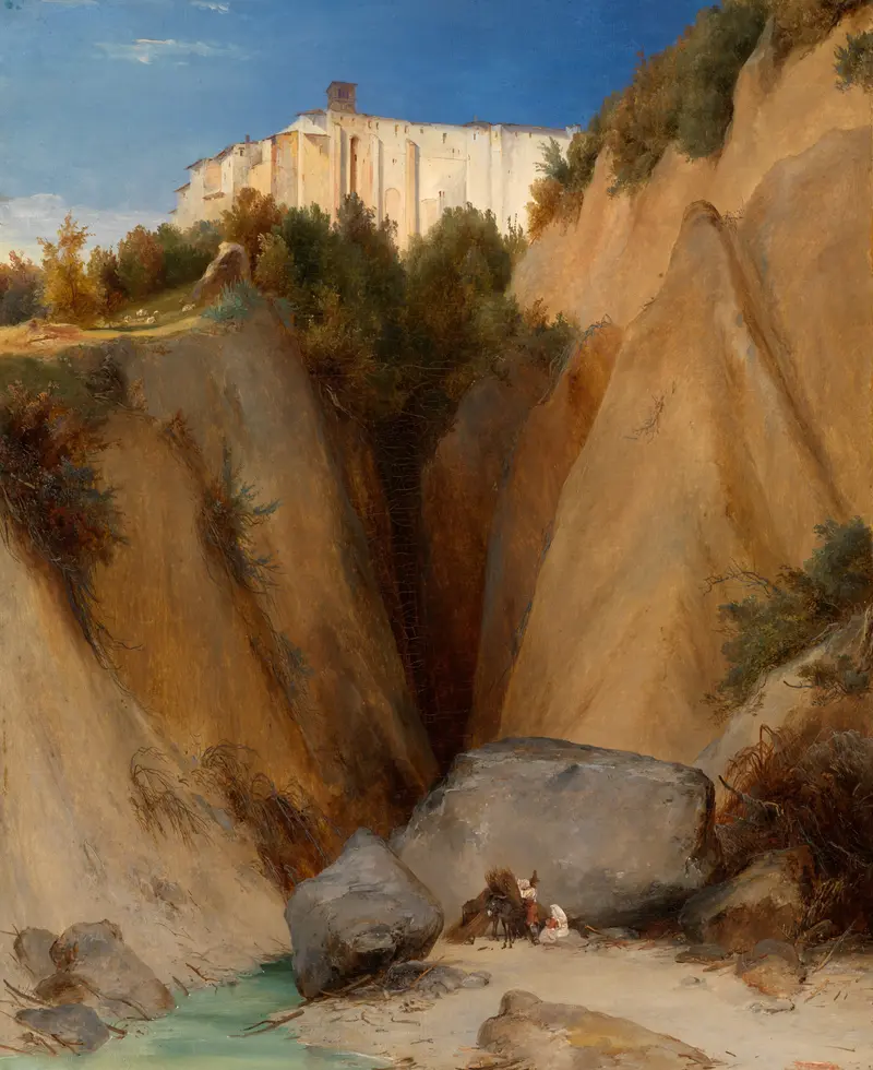 Landscape oil painting by Carl Blechen featuring a monastery, hills, and a vibrant sky.