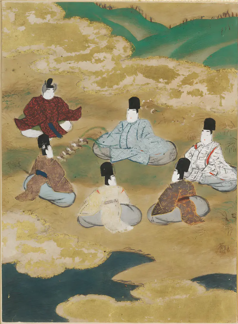 Wind in the Pines by Tosa Mitsunobu, gold medium, featuring elegantly robed women surrounded by nature.