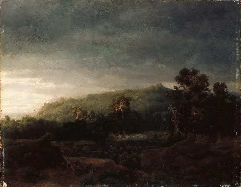 A Forest by Lars Hertervig, oil on canvas depicting a lush forest with dappled sunlight and shadows.