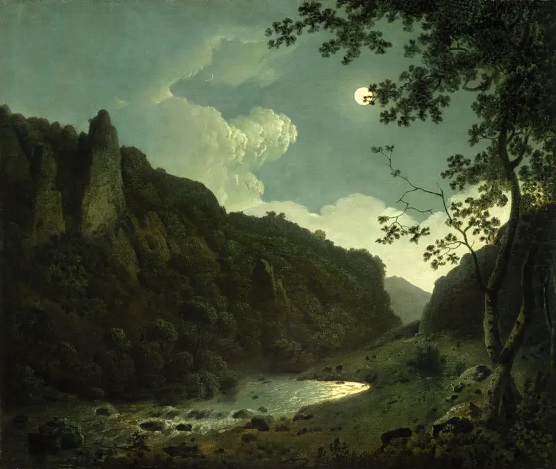 Dovedale by Moonlight, oil on canvas by Joseph Wright of Derby, depicting a valley under moonlight.