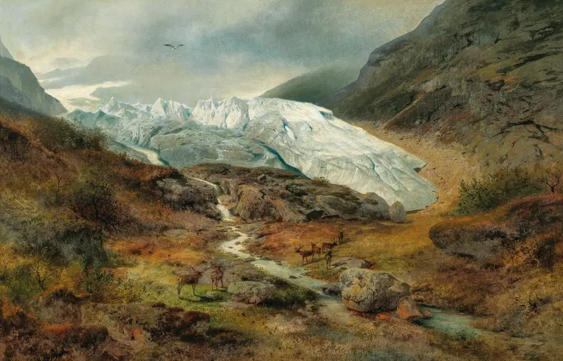 Gletscherlandschaft by Hermann Ottomar Herzog, oil on canvas depicting a glacier landscape.