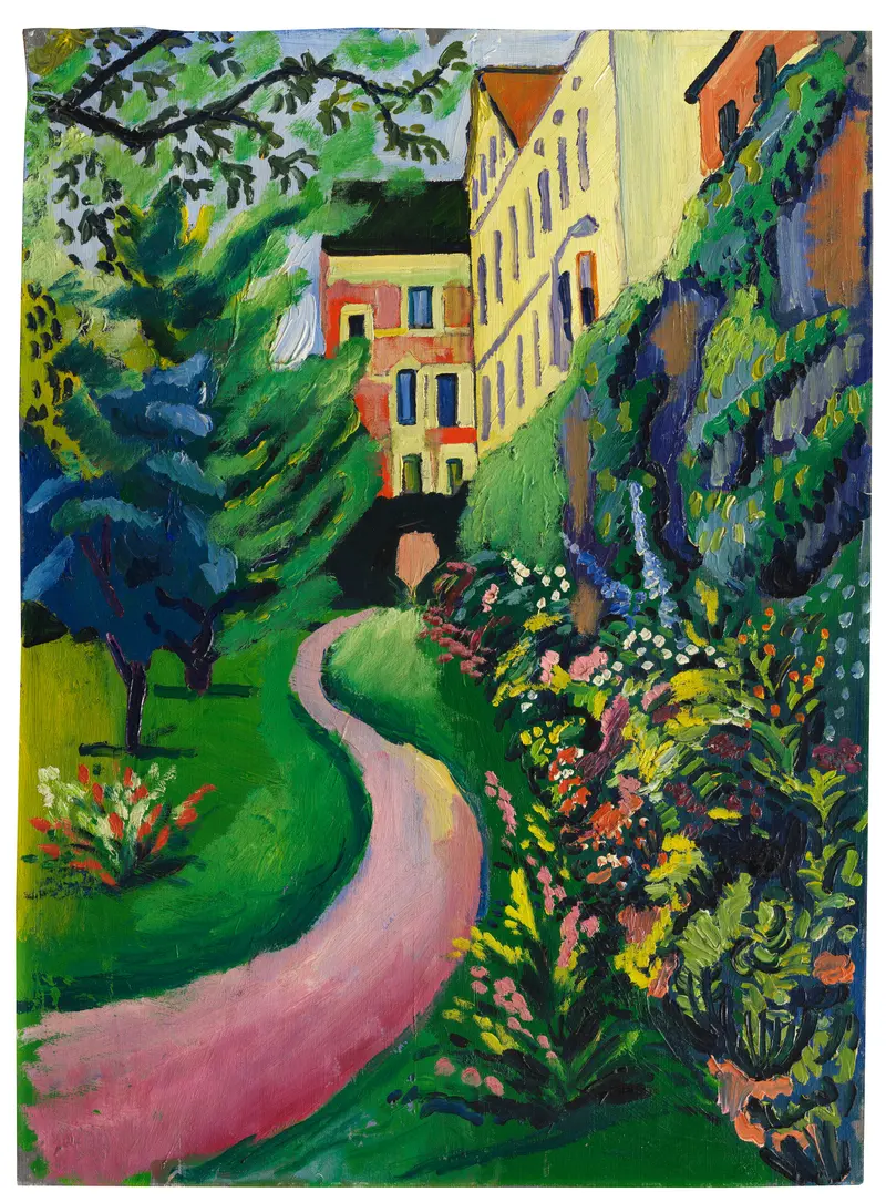 Oil painting by August Macke depicting a vibrant garden with colorful flowers