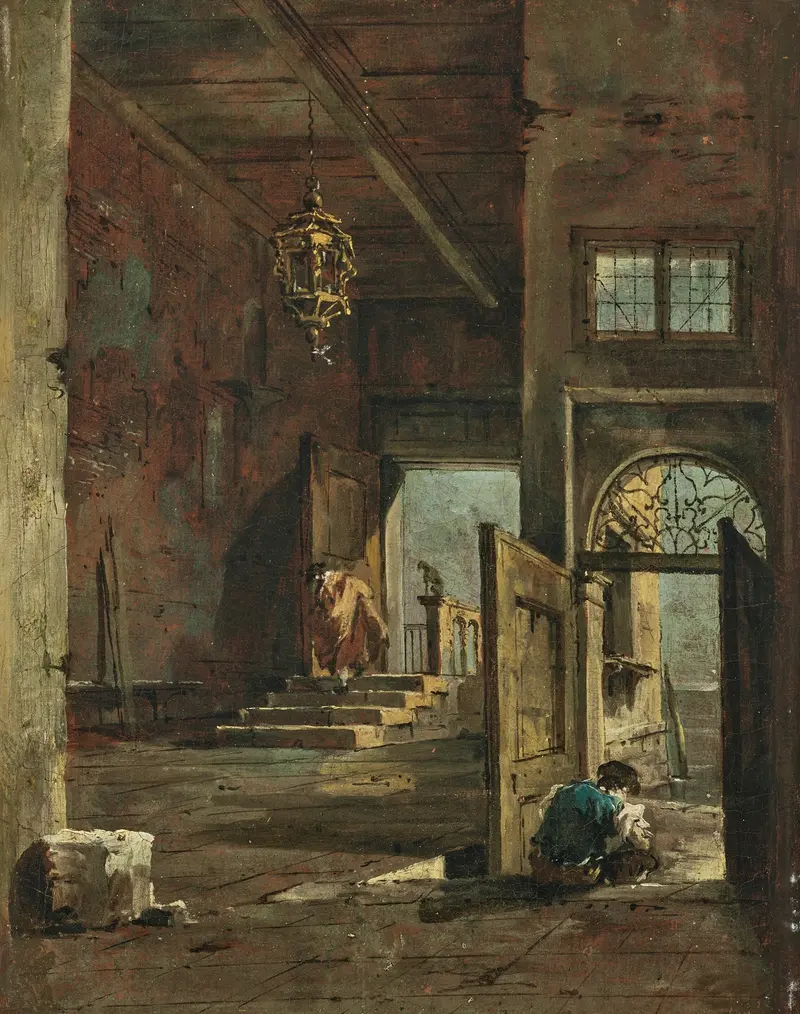 Interior courtyard scene with figures by Francesco Guardi, Rococo style