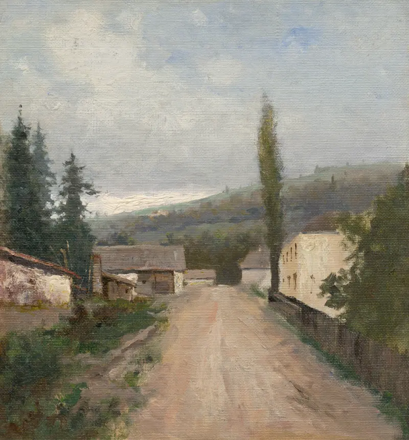 Landscape oil painting by Felicián Moczik featuring vibrant earth tones and azure sky.