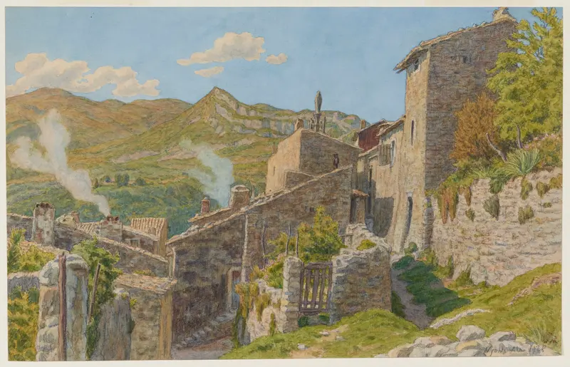 Post-Impressionism landscape by Henri Rivière, depicting a village with stone structures and blue sky.