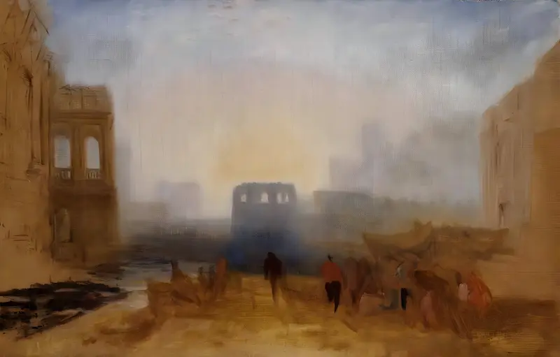 A misty harbour scene with boats pulled ashore, small figures near the quay, and grand architectural buildings on either side under golden light.