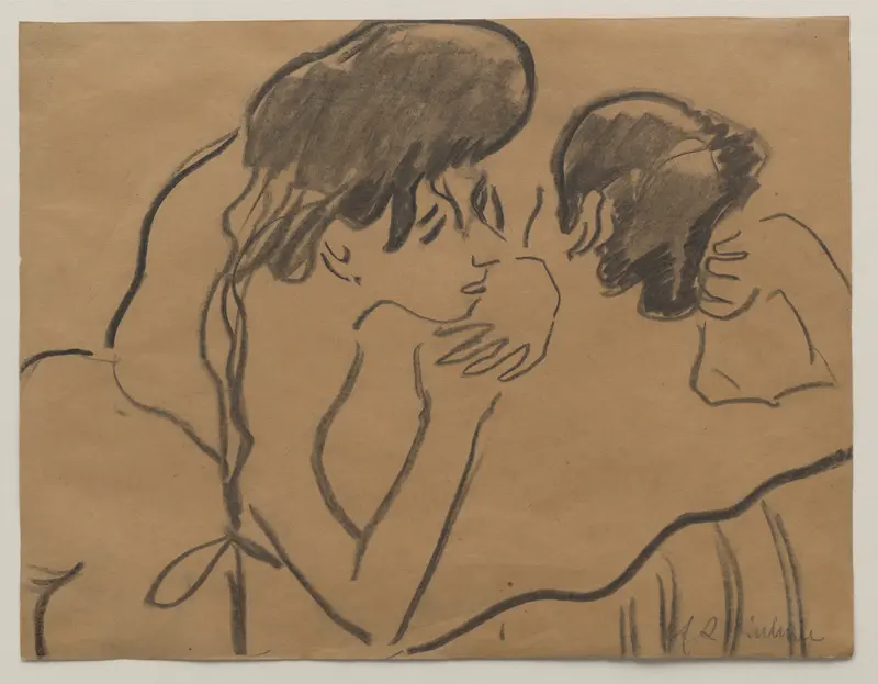 Two entwined figures in a moment of intimacy, drawn with sweeping lines on rough brown paper.