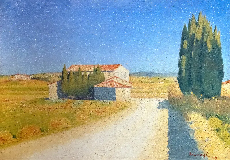 A sunlit countryside scene with buildings and cypress trees under a blue sky.