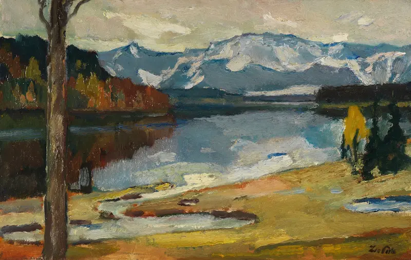 Kampenwand VI by Leo Putz, oil on canvas depicting a tranquil lake and gentle hills.