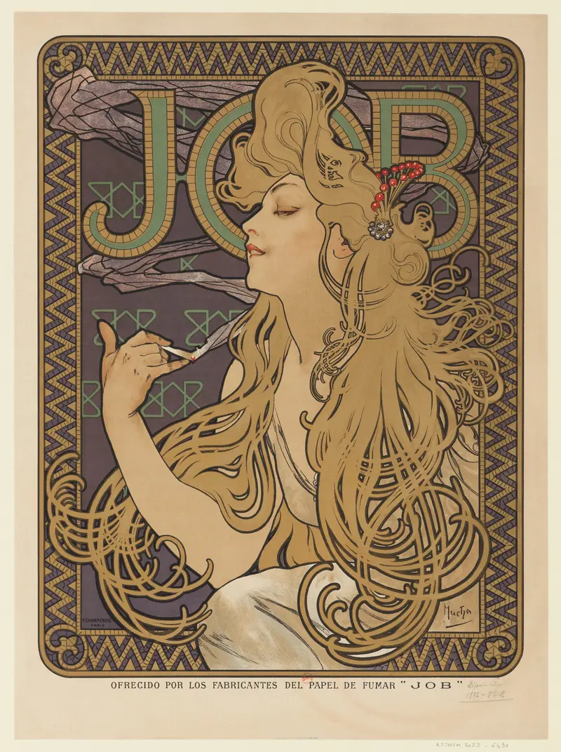 Alphonse Mucha's 'Job' features intricate designs and a serene figure.