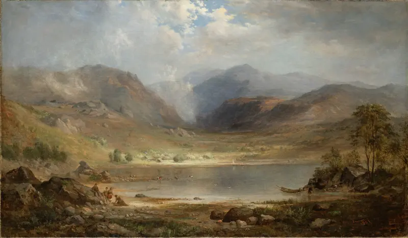 Loch Long by Robert S. Duncanson, oil painting depicting tranquil water and sunset reflections.