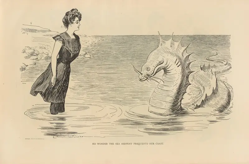 A group of elegantly dressed women on a rocky shore, captivated by the mythical sea serpent.