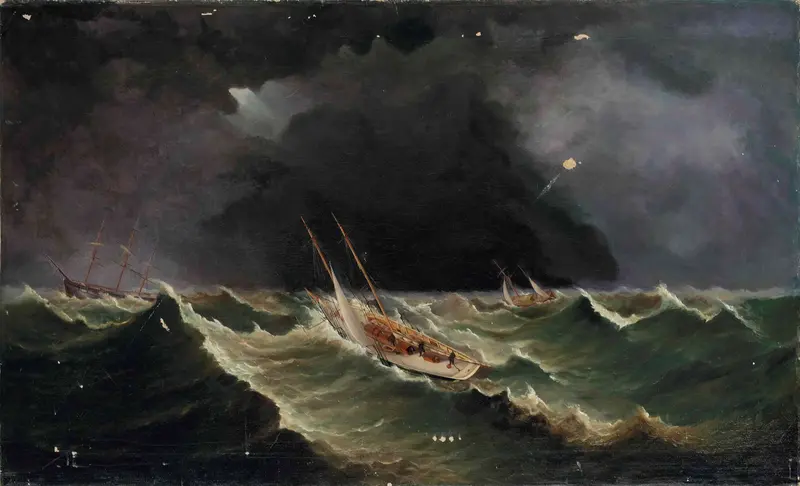 A schooner struggles against towering waves in a stormy sea, with crew members clinging to the deck.