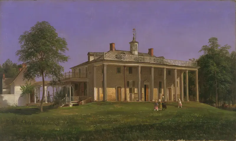 View of Mount Vernon, oil on canvas by Ferdinand Richardt, depicting a tranquil landscape with mountains and a river.