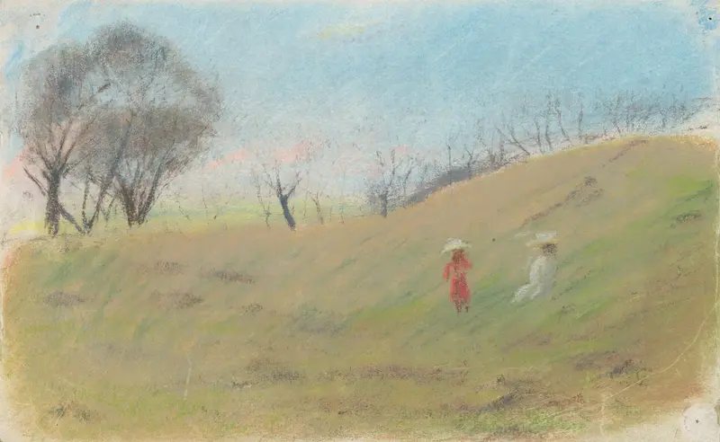 Children frolicking in a meadow, oil painting by Ladislav Mednyánszky