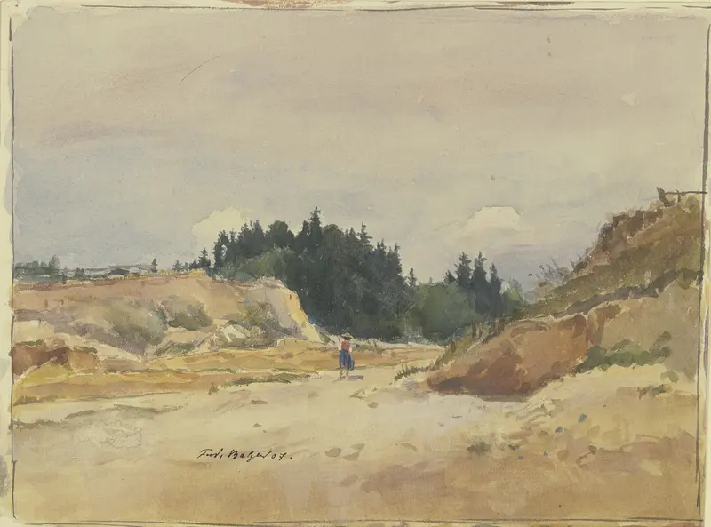 Oil painting by Ferdinand Balzer depicting a child walking on a sandy path in a landscape
