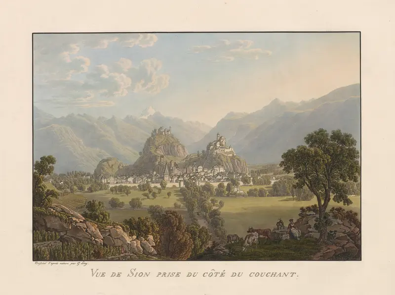 Vue de Sion prise du Côté du Couchant by Gabriel Lory the Younger, oil painting depicting mountains at sunset.