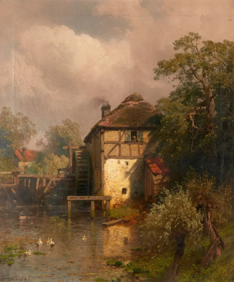 Landscape featuring a mill in golden light by Hermann Ottomar Herzog, oil painting
