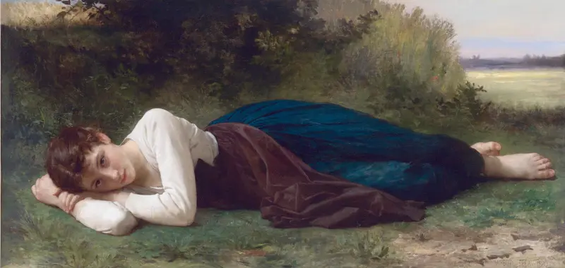 A serene portrait of a young girl reclining peacefully.