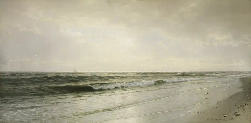 Quiet Seascape by William Trost Richards, oil on canvas depicting serene waves and a tranquil horizon.