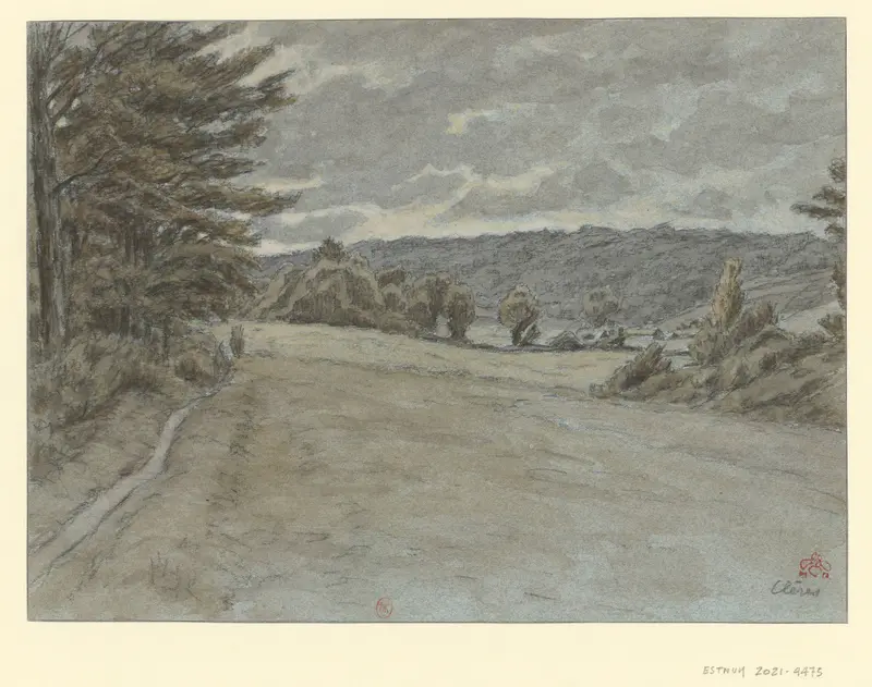 Landscape by Henri Rivière, Post-Impressionism, featuring hills and soft light.