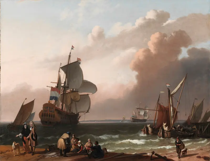 Coastal scene with ships and a man-of-war, oil on canvas by Follower of Ludolf Backhuysen